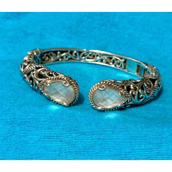 Carolyn Pollack SS Cuff | MOP Quartz Doublet Ends | Scroll Design Hinged Bangle - Picture 4 of 7